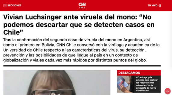 Entrevista a Dra. Vivian Luchsinger en CNN Chile online sobre eventual llegada a Chile de viruela del mono